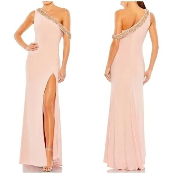 Mac Duggal 68163 Embellished Drop Shoulder Jersey Gown Dress Rose Pink Sz 12 NWT